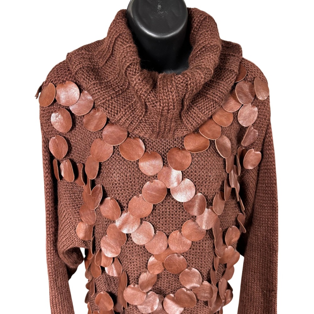Vtg 90s Wool Alpaca Leather Sweater Sz M Brown Boho‎ Luxe Festival Embellished - Picture 3 of 9